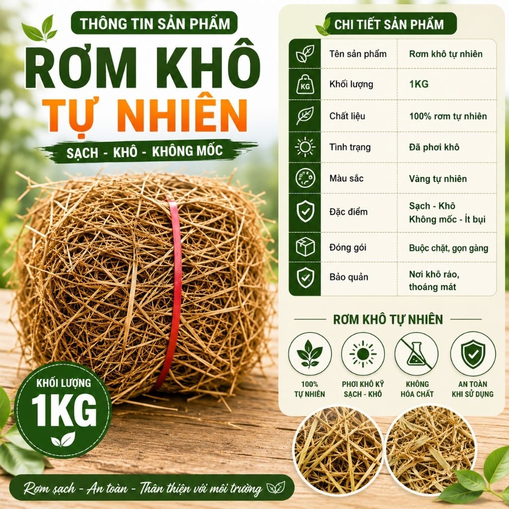 Rơm Khô Tự Nhiên 1KG | Sạch - Khô - Không Mốc | Phủ Gốc Cây, Lót Ổ Gà, Lót Chuồng, Decor Sân Vườn