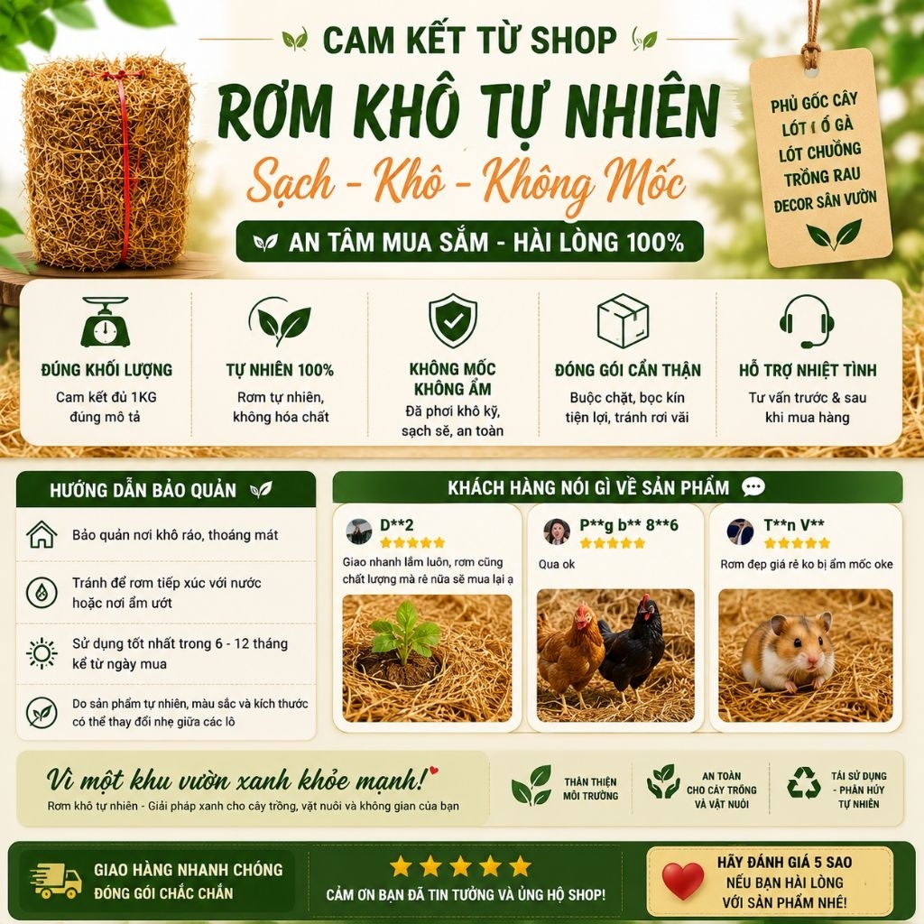Rơm Khô Tự Nhiên 1KG | Sạch - Khô - Không Mốc | Phủ Gốc Cây, Lót Ổ Gà, Lót Chuồng, Decor Sân Vườn