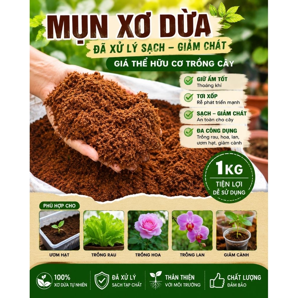 Mụn Xơ Dừa Đã Xử Lý 1kg | Giá Thể Trồng Cây, Ươm Hạt, Trồng Rau, Trồng Hoa, Trồng Lan, Giữ Ẩm, Tơi Xốp