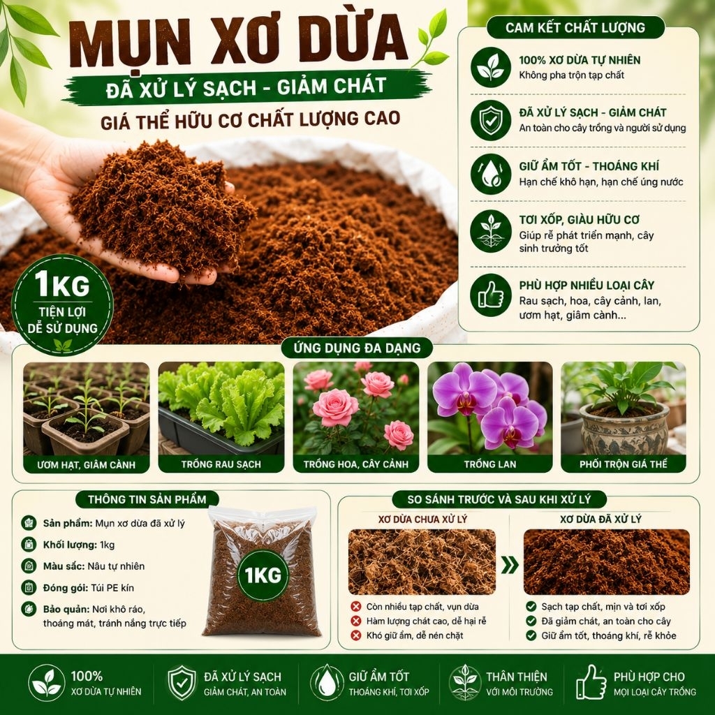 Mụn Xơ Dừa Đã Xử Lý 1kg | Giá Thể Trồng Cây, Ươm Hạt, Trồng Rau, Trồng Hoa, Trồng Lan, Giữ Ẩm, Tơi Xốp