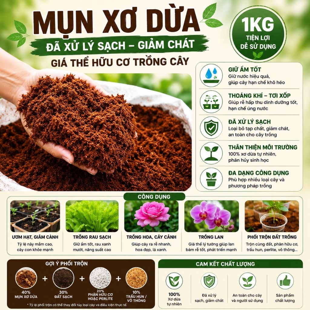Mụn Xơ Dừa Đã Xử Lý 1kg | Giá Thể Trồng Cây, Ươm Hạt, Trồng Rau, Trồng Hoa, Trồng Lan, Giữ Ẩm, Tơi Xốp