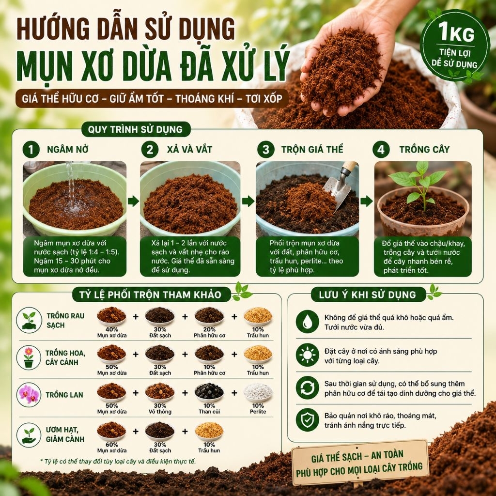 Mụn Xơ Dừa Đã Xử Lý 1kg | Giá Thể Trồng Cây, Ươm Hạt, Trồng Rau, Trồng Hoa, Trồng Lan, Giữ Ẩm, Tơi Xốp