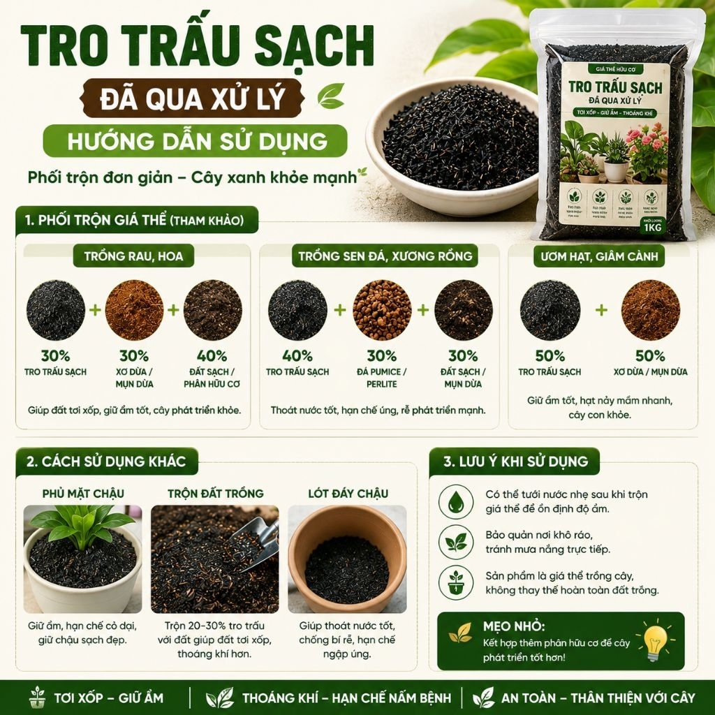 Tro Trấu Sạch Đã Qua Xử Lý 1kg - Giá Thể Hữu Cơ Trồng Rau, Hoa, Sen Đá, Cây Cảnh, Ươm Hạt