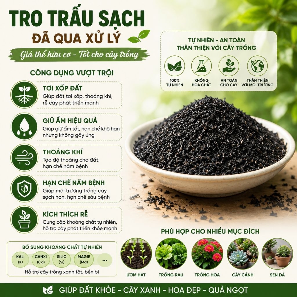 Tro Trấu Sạch Đã Qua Xử Lý 1kg - Giá Thể Hữu Cơ Trồng Rau, Hoa, Sen Đá, Cây Cảnh, Ươm Hạt