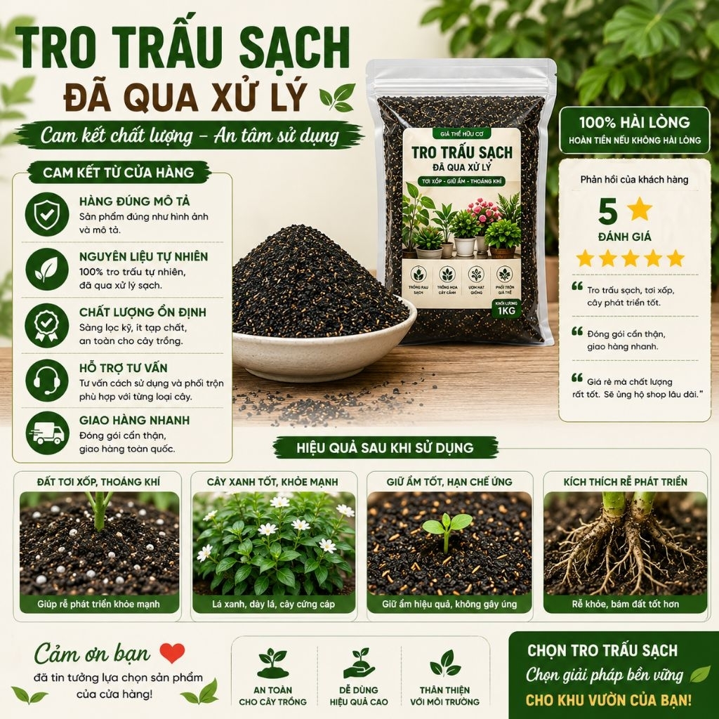 Tro Trấu Sạch Đã Qua Xử Lý 1kg - Giá Thể Hữu Cơ Trồng Rau, Hoa, Sen Đá, Cây Cảnh, Ươm Hạt