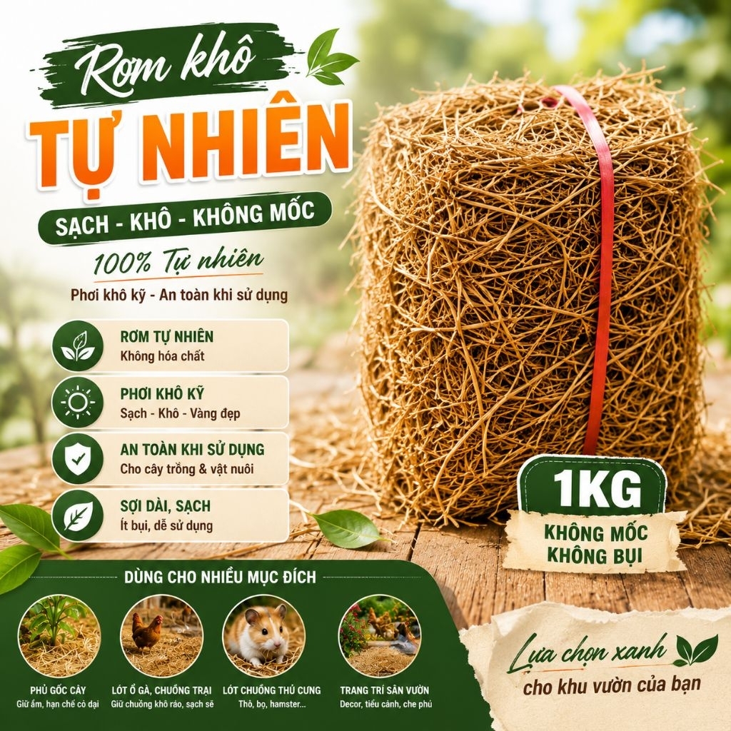 Rơm Khô Tự Nhiên 1KG | Sạch - Khô - Không Mốc | Phủ Gốc Cây, Lót Ổ Gà, Lót Chuồng, Decor Sân Vườn