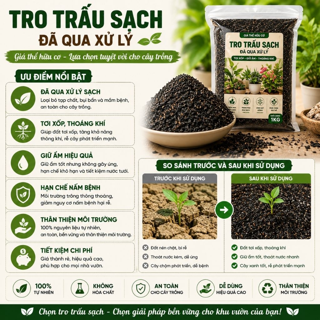 Tro Trấu Sạch Đã Qua Xử Lý 1kg - Giá Thể Hữu Cơ Trồng Rau, Hoa, Sen Đá, Cây Cảnh, Ươm Hạt