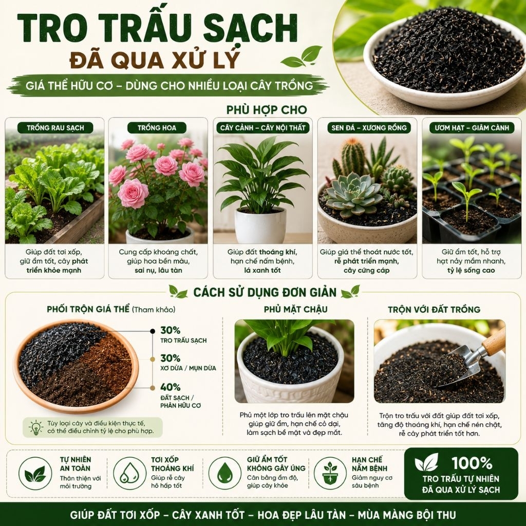 Tro Trấu Sạch Đã Qua Xử Lý 1kg - Giá Thể Hữu Cơ Trồng Rau, Hoa, Sen Đá, Cây Cảnh, Ươm Hạt
