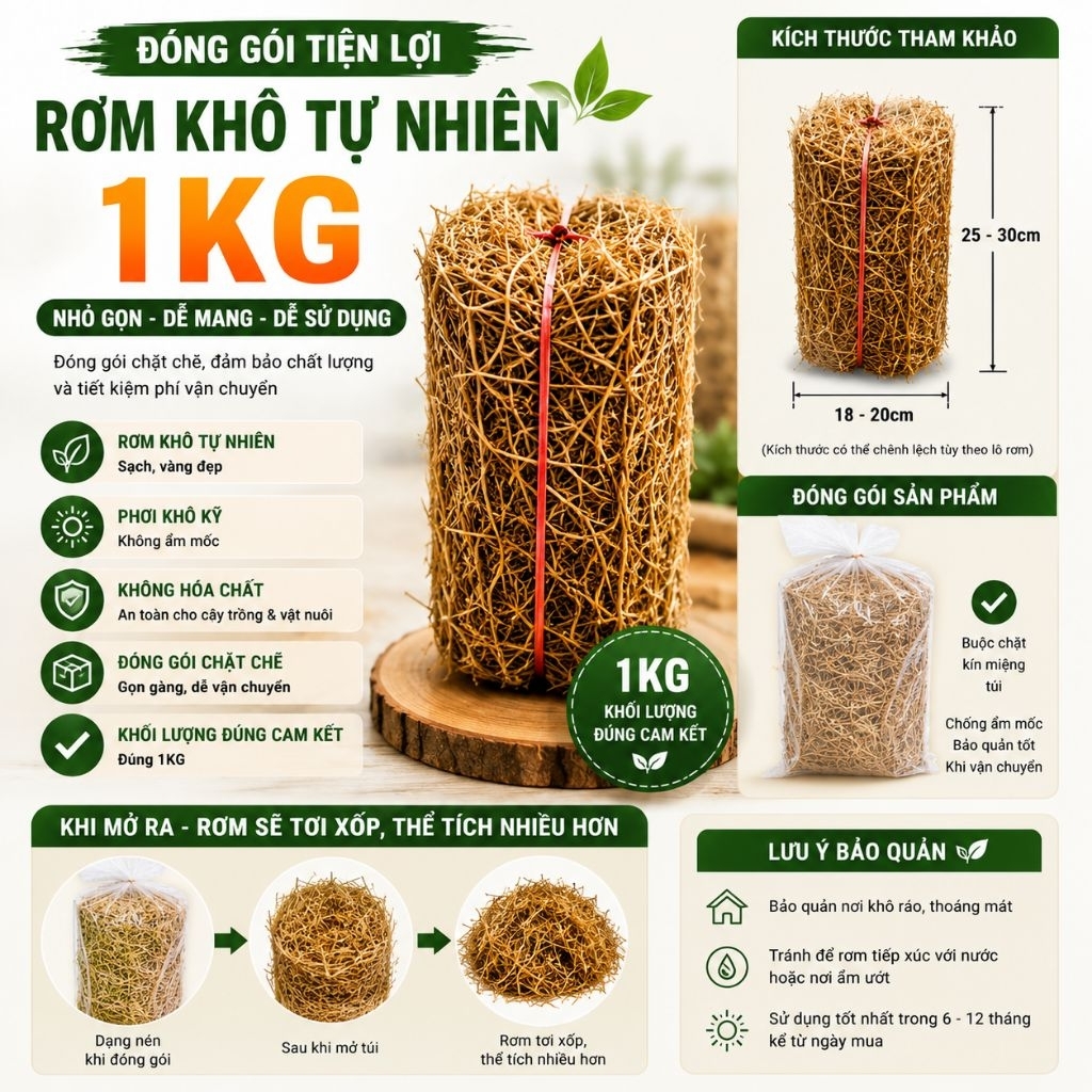 Rơm Khô Tự Nhiên 1KG | Sạch - Khô - Không Mốc | Phủ Gốc Cây, Lót Ổ Gà, Lót Chuồng, Decor Sân Vườn
