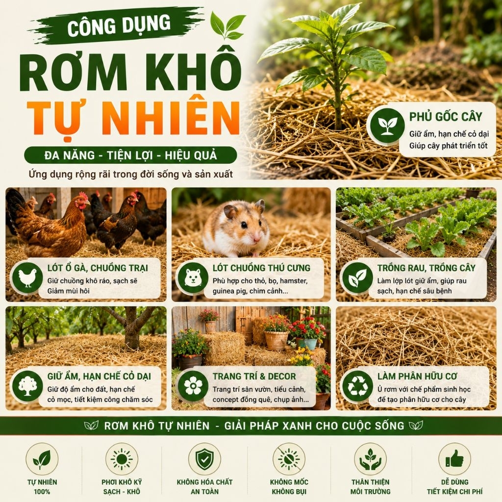 Rơm Khô Tự Nhiên 1KG | Sạch - Khô - Không Mốc | Phủ Gốc Cây, Lót Ổ Gà, Lót Chuồng, Decor Sân Vườn