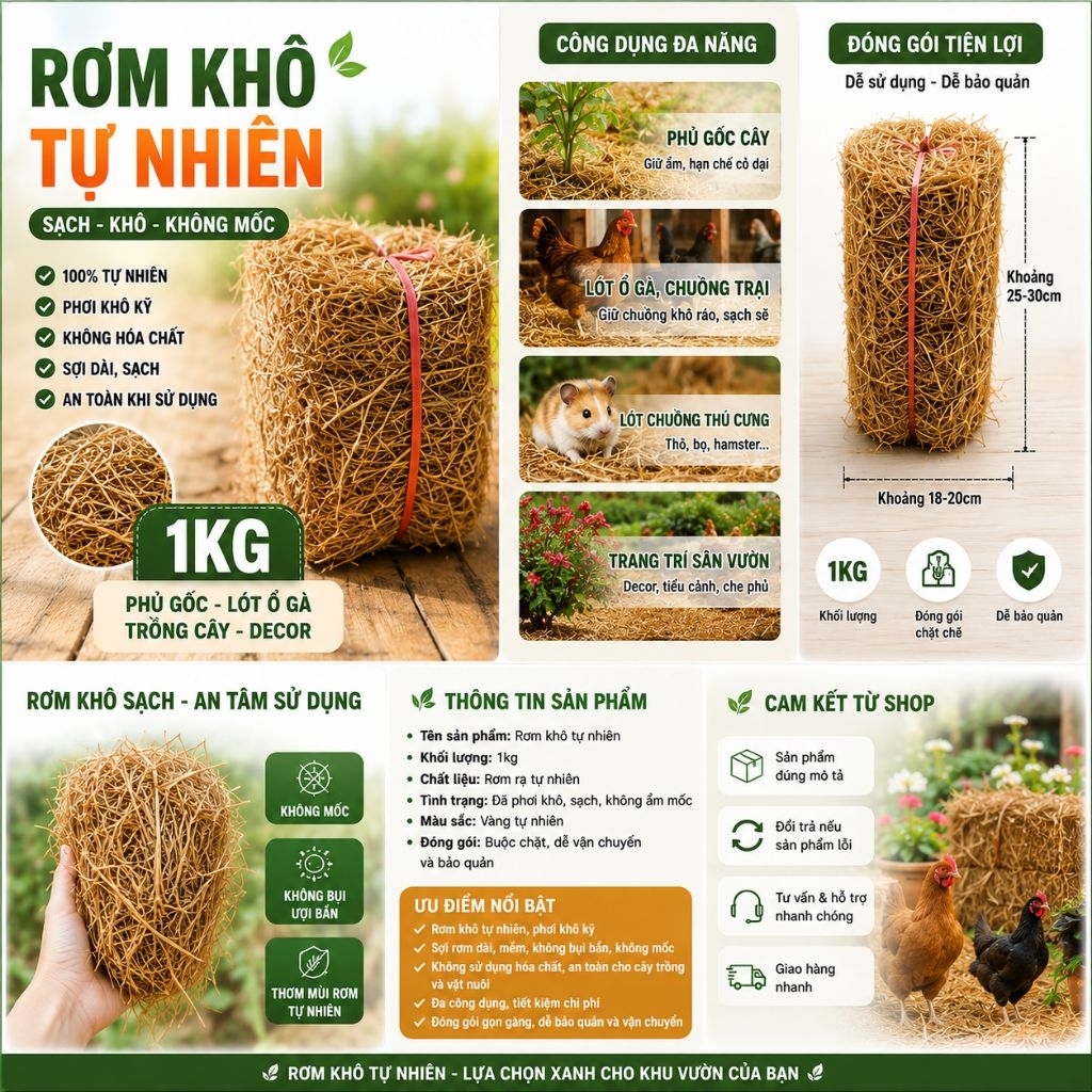 Rơm Khô Tự Nhiên 1KG | Sạch - Khô - Không Mốc | Phủ Gốc Cây, Lót Ổ Gà, Lót Chuồng, Decor Sân Vườn