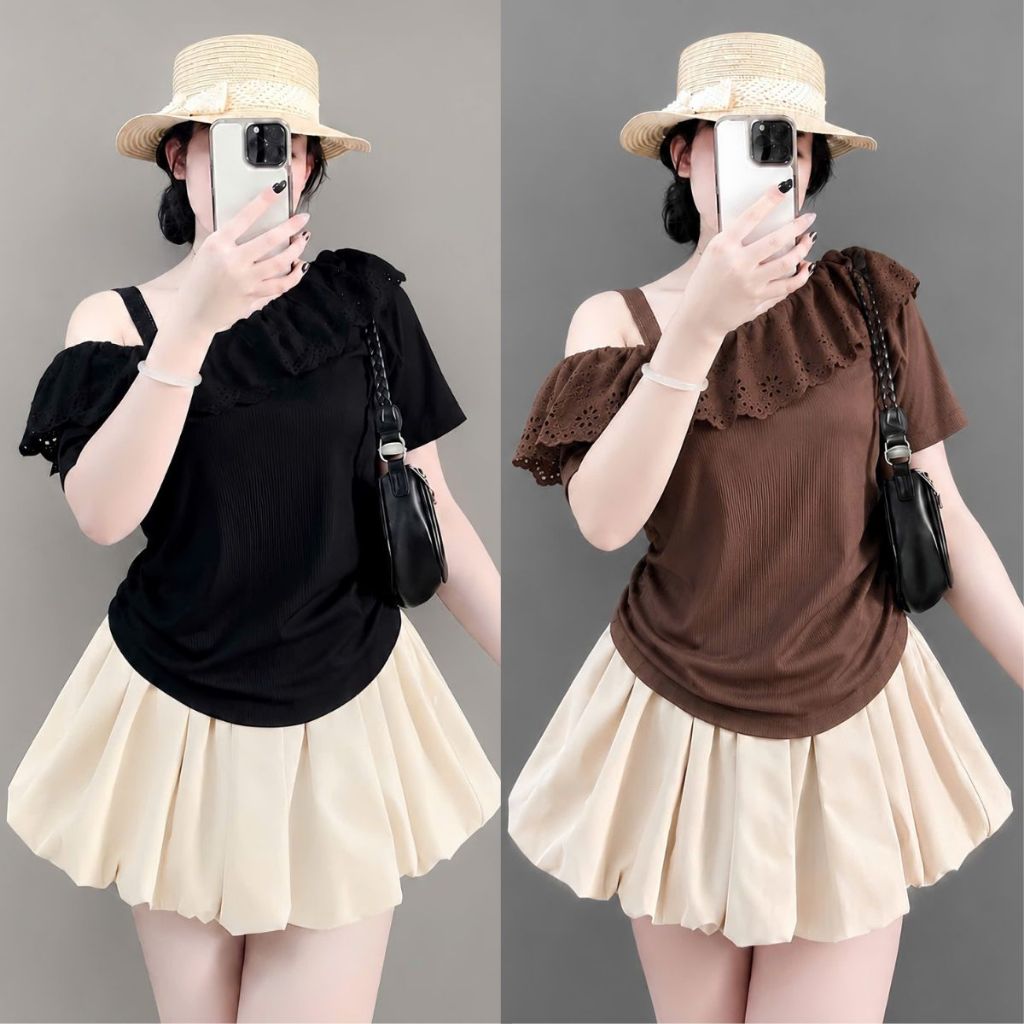Sét Bigsize Nữ Áo Kiểu Trễ Vai Bèo Ren Phối Chân Váy Thoải Mái Che Bụng Tốt 58-92kg A358+CV413