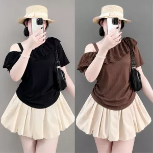 Sét Bigsize Nữ Áo Kiểu Trễ Vai Bèo Ren Phối Chân Váy Thoải Mái Che Bụng Tốt 58-92kg A358+CV413