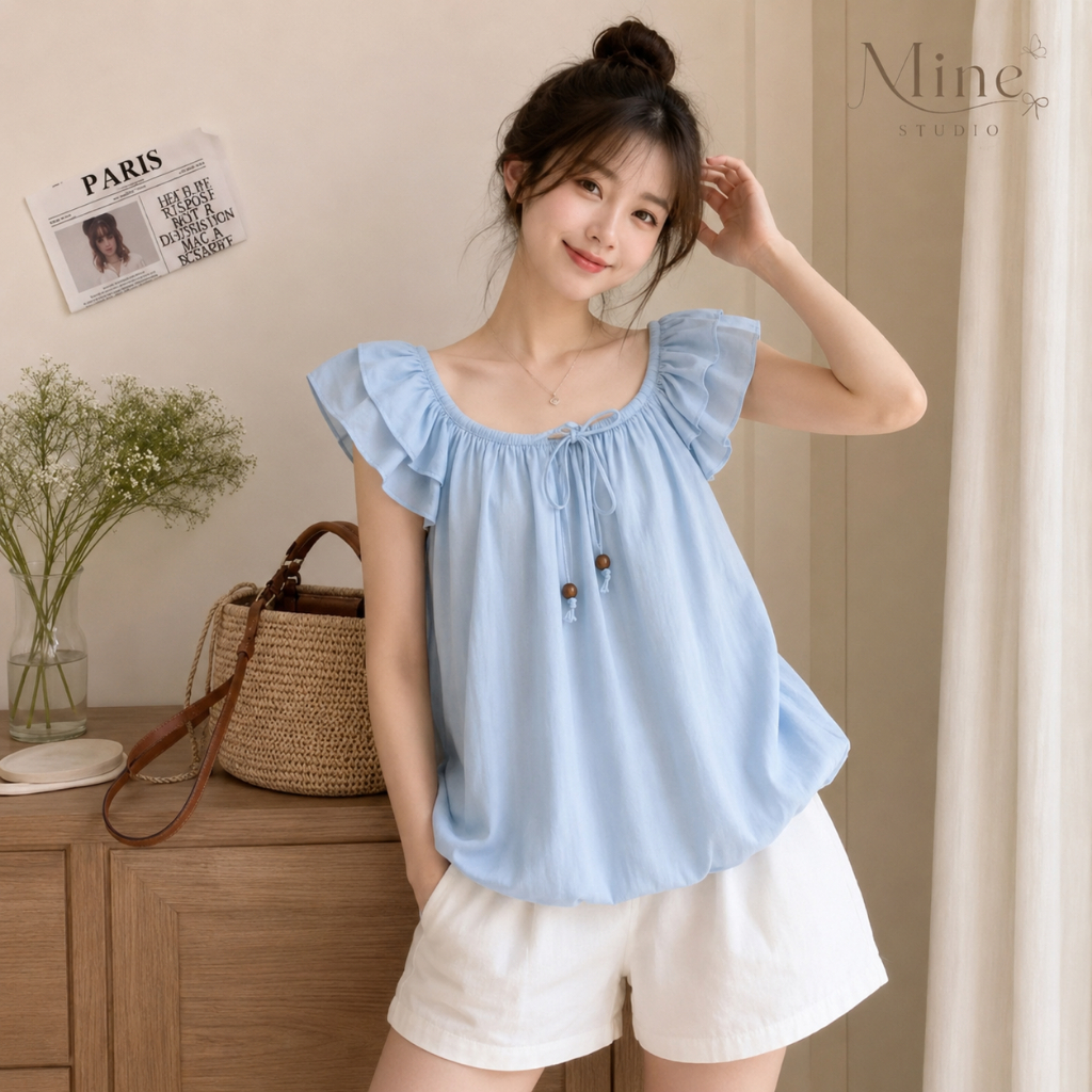 Áo Kiểu Dáng Bí Cánh Tiên Có Chun Cổ Mặc Được 2 Kiểu Màu Pastel Siêu Xinh