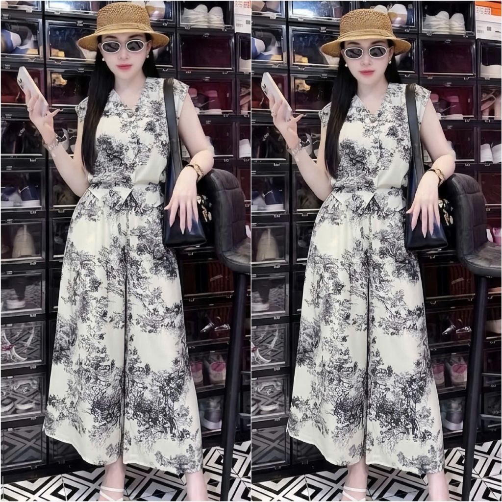 HT50, Sét áo tay rơi, quần ống rộng giả váy. Sét chất voan lụa đủ size 40-70kg.