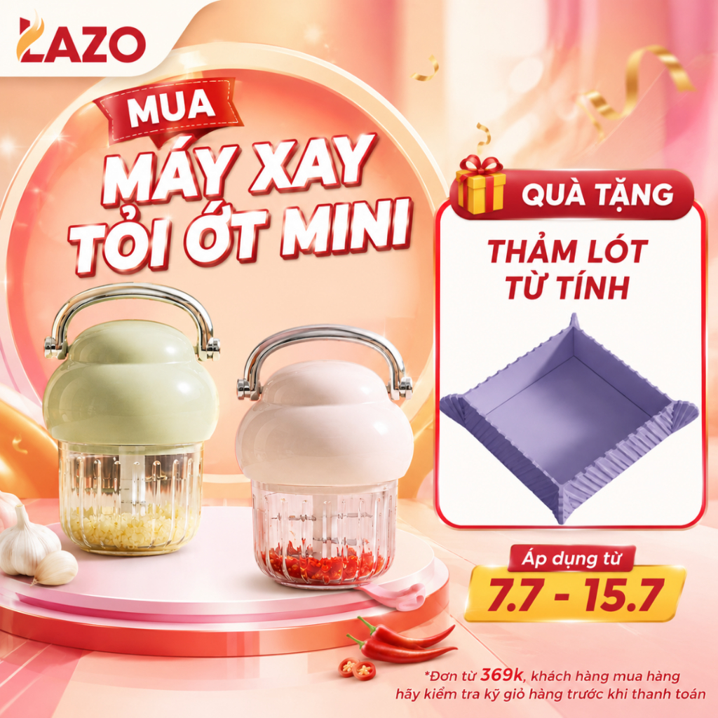 [MUA 1 TẶNG 1] Máy xay tỏi ớt cầm tay Lazo, máy xay đồ ăn dặm cho bé 6 cánh động cơ mạnh mẽ 21000RPM
