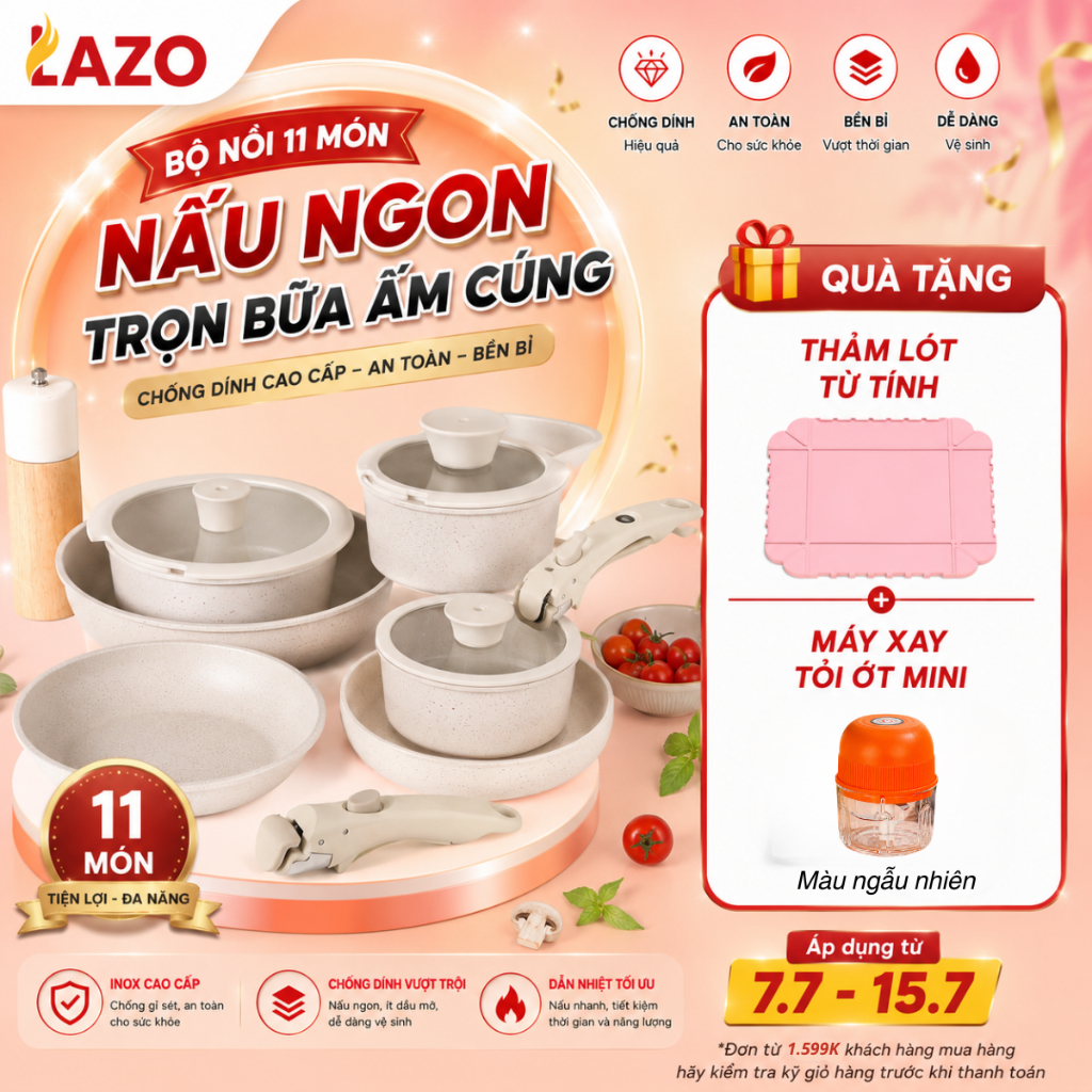 [MUA 1 TẶNG 2] Bộ nồi gốm đá 11 món với 6 lớp chống dính có tay cầm LAZO có thể tháo rời