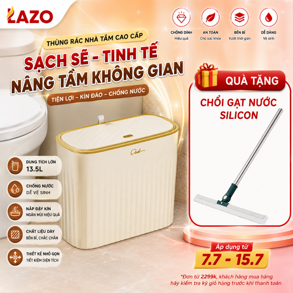 [MUA 1 TẶNG 1] Thùng rác treo tường 13,5L chống nước LAZO, Thùng rác nhà tắm nhà bếp lắp lật