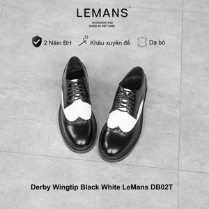 Giày da bò Derby Wingtip Black White LEMANS - đế tăng cao độc quyền, Bảo hành chính hãng 24 tháng