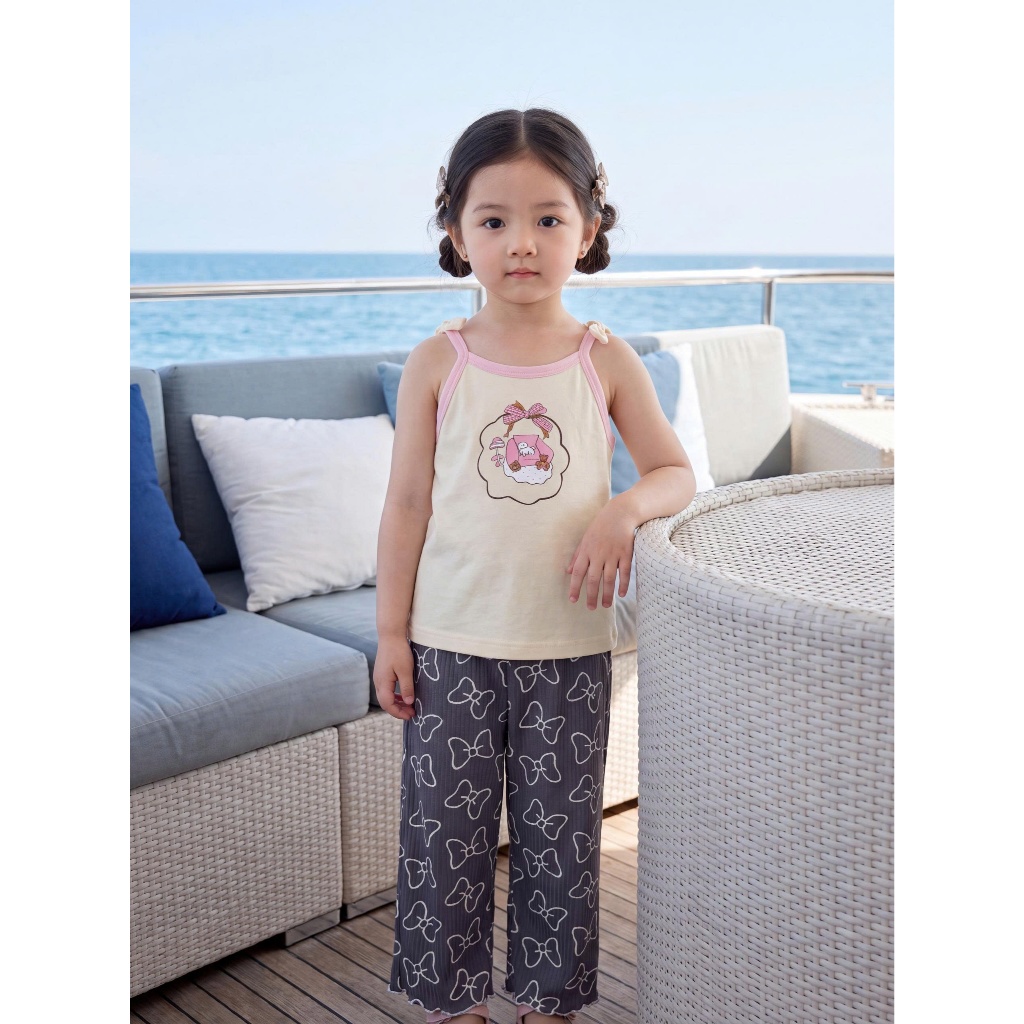 Set bộ cổ yếm bé gái Miniumbaby hình thỏ cute mix quần dáng suông, chất cotton mềm mát SB2784