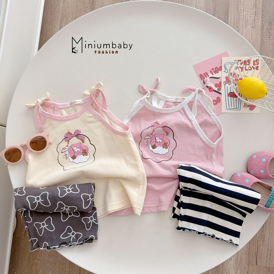 Set bộ cổ yếm bé gái Miniumbaby hình thỏ cute mix quần dáng suông, chất cotton mềm mát SB2784