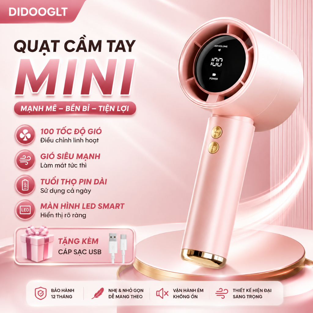Quạt Cầm Tay Tích Điện DIDOOGLT Pin 10000mAh Gió Mạnh Màn Hình LED Sạc USB