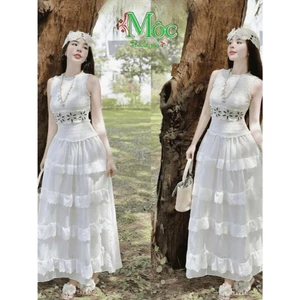 L_ Đầm váy dài, Đầm nàng thơ, Đầm đi biển, Đầm maxi trắng sát nách phối Ren tầng đắp hoa đi đám cưới