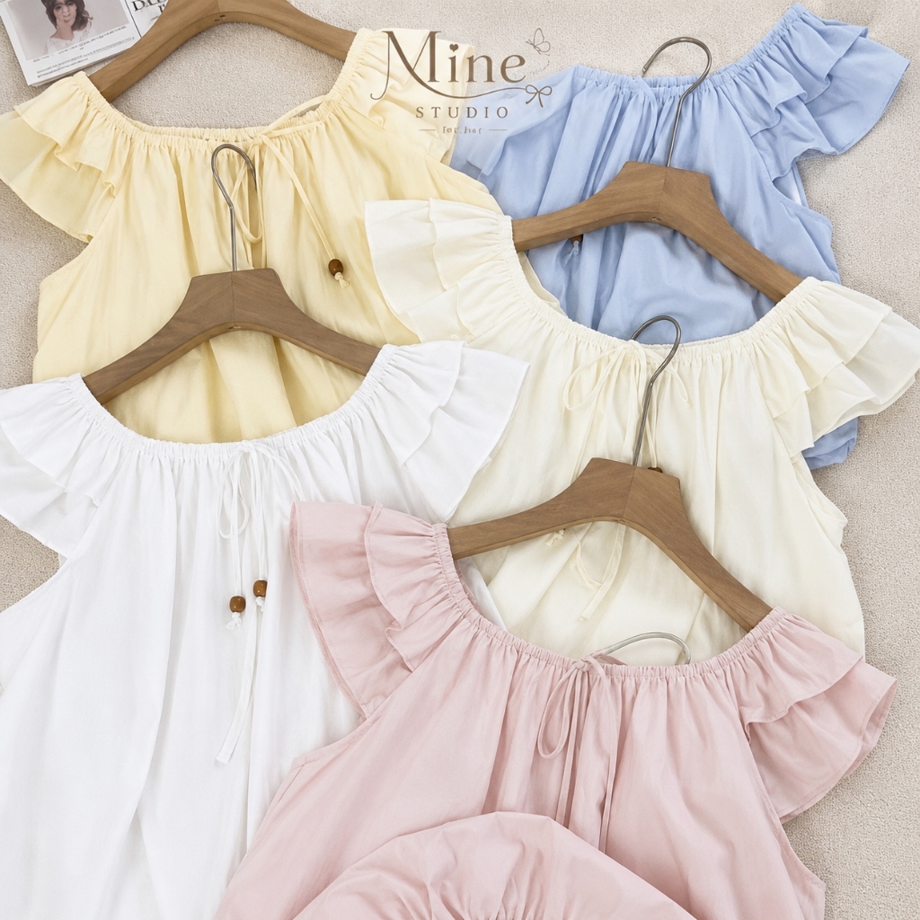 Áo Kiểu Dáng Bí Cánh Tiên Có Chun Cổ Mặc Được 2 Kiểu Màu Pastel Siêu Xinh