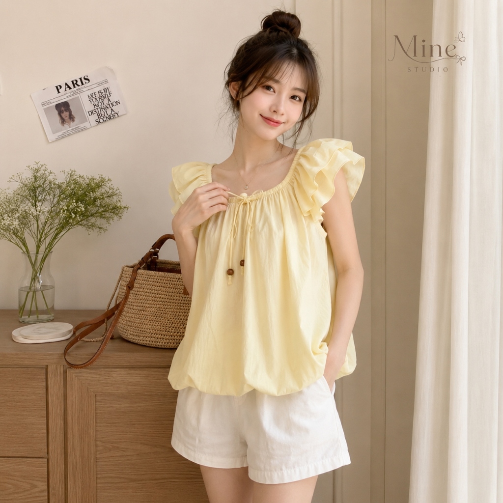 Áo Kiểu Dáng Bí Cánh Tiên Có Chun Cổ Mặc Được 2 Kiểu Màu Pastel Siêu Xinh
