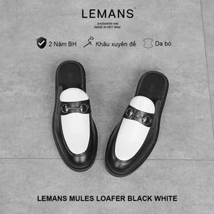 Giày Sục da bò Mules Loafer nam LEMANS - Black White, đế cao su thơm cao 4cm, BH 24 Tháng