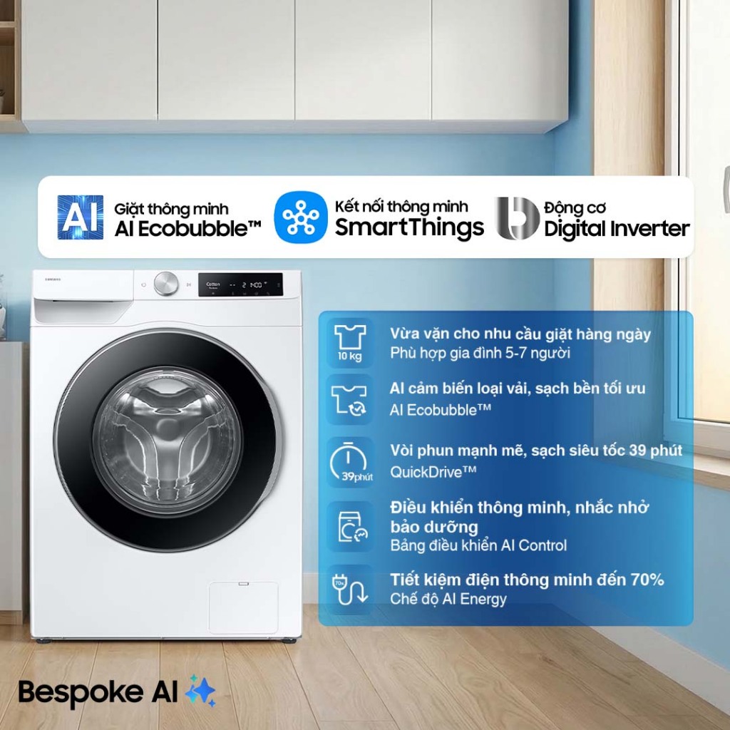 Máy Giặt Samsung Bespoke AI Cửa Trước 10 kg WW10DG6U34LESV - AI Ecobubble cảm biến bảo vệ vải, màu Trắng