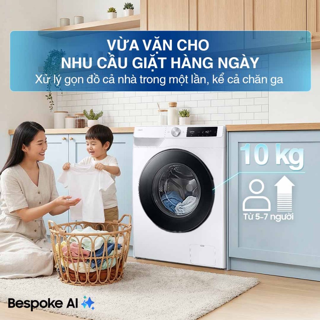 Máy Giặt Samsung Bespoke AI Cửa Trước 10 kg WW10DG6U34LESV - AI Ecobubble cảm biến bảo vệ vải, màu Trắng
