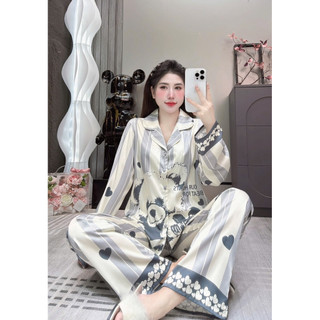 Đồ Bộ Pijama Lụa LaTin Tơ Tằm Hoạ Tiết  Thiết Kế Nữ (Có Túi Quần 40kg-60kg)