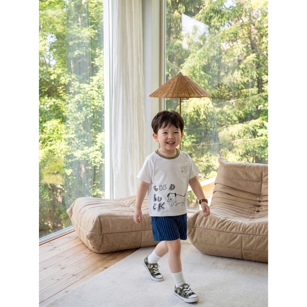 Set bộ cộc tay bé trai 1-6 tuổi Miniumbaby mix túi ngực in hình cún cute, chất cotton mềm mát SB2694