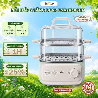 Nồi hấp điện 2 tầng kèm lẩu Bear ESM-H106HM, Công Suất 1300W, Chống dính khay inox,Bảo Hành 18 Tháng