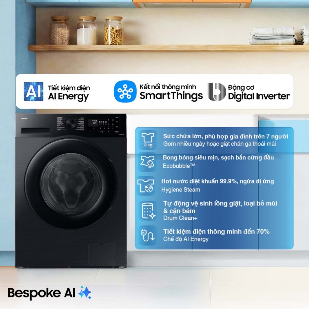 Máy Giặt Samsung Bespoke AI Cửa Trước 12 kg WW12CGC04DABSV -  AI Energy tiết kiệm điện 70%, màu Đen