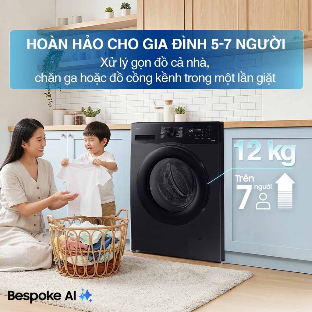 Máy Giặt Samsung Bespoke AI Cửa Trước 12 kg WW12CGC04DABSV -  AI Energy tiết kiệm điện 70%, màu Đen