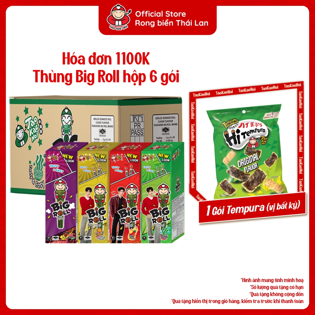 [ĐƠN 1100K TẶNG 1 GÓI TEMPURA] Thùng 24 Hộp Snack Rong Biển TaoKaeNoi BIG ROLL (Hộp 6 Gói) Nhập Khẩu Thái Lan