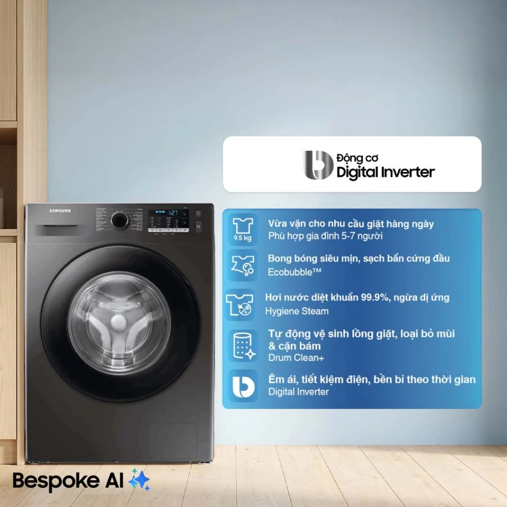 Máy Giặt Samsung Cửa Trước 9.5 kg WW95TA046AX/SV -  Giặt Hơi Nước Diệt Khuẩn, màu Inox