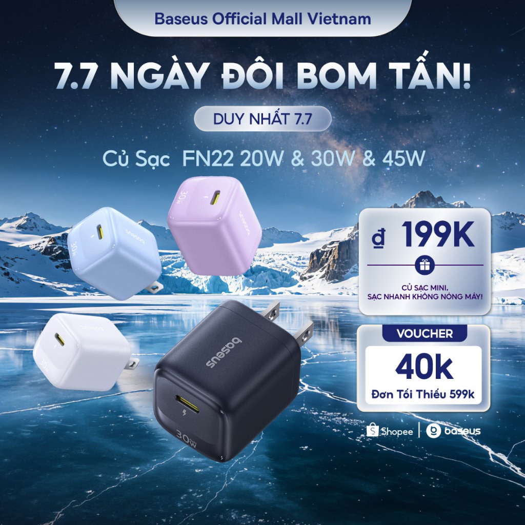 Củ Sạc Nhanh Baseus EnerFill FN22 20W & 30W & 45W GaN USB-C PD 3.0 – Nhỏ Hơn 30%, Sạc Nhanh Gấp 176% Vẫn Mát Lạnh