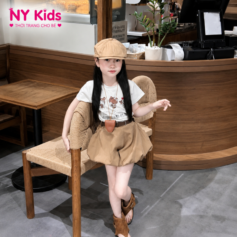 Set Bộ Bé Gái Hello Kitty Quần Bí Kèm Thắt Lưng, Bộ Đồ Bé Gái Cotton Mùa Hè Thoáng Mái F24