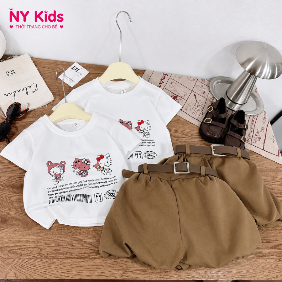Set Bộ Bé Gái Hello Kitty Quần Bí Kèm Thắt Lưng, Bộ Đồ Bé Gái Cotton Mùa Hè Thoáng Mái F24