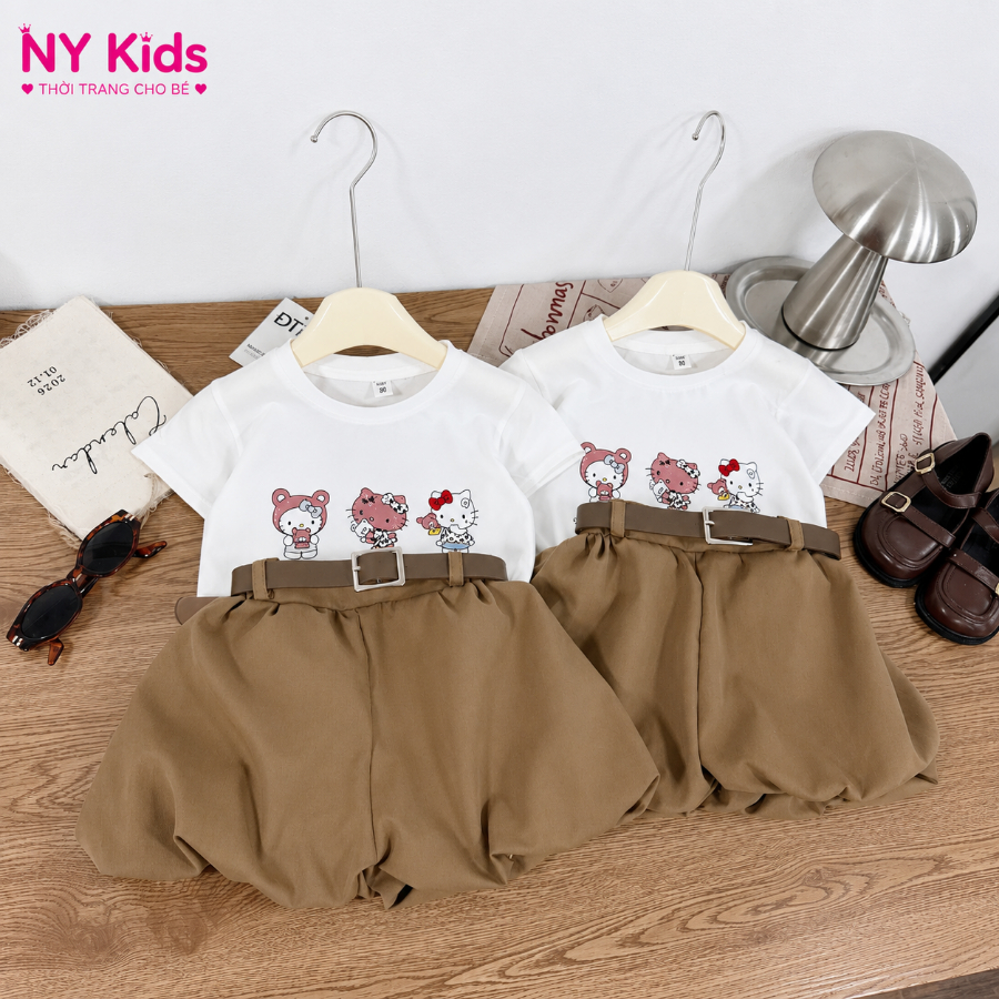 Set Bộ Bé Gái Hello Kitty Quần Bí Kèm Thắt Lưng, Bộ Đồ Bé Gái Cotton Mùa Hè Thoáng Mái F24