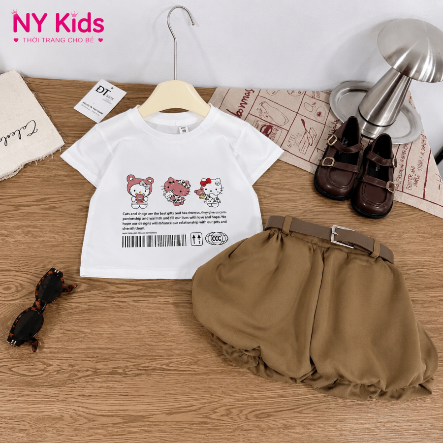 Set Bộ Bé Gái Hello Kitty Quần Bí Kèm Thắt Lưng, Bộ Đồ Bé Gái Cotton Mùa Hè Thoáng Mái F24