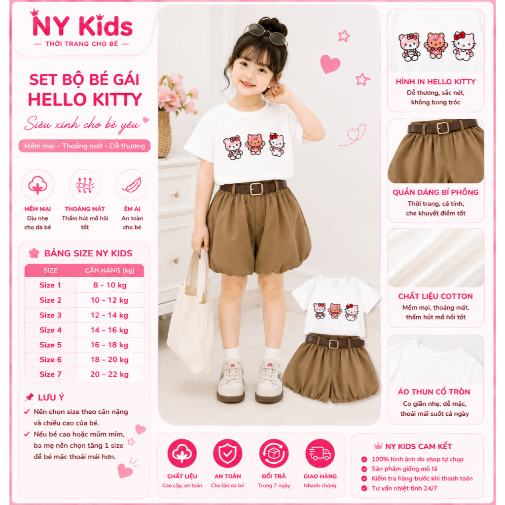 Set Bộ Bé Gái Hello Kitty Quần Bí Kèm Thắt Lưng, Bộ Đồ Bé Gái Cotton Mùa Hè Thoáng Mái F24