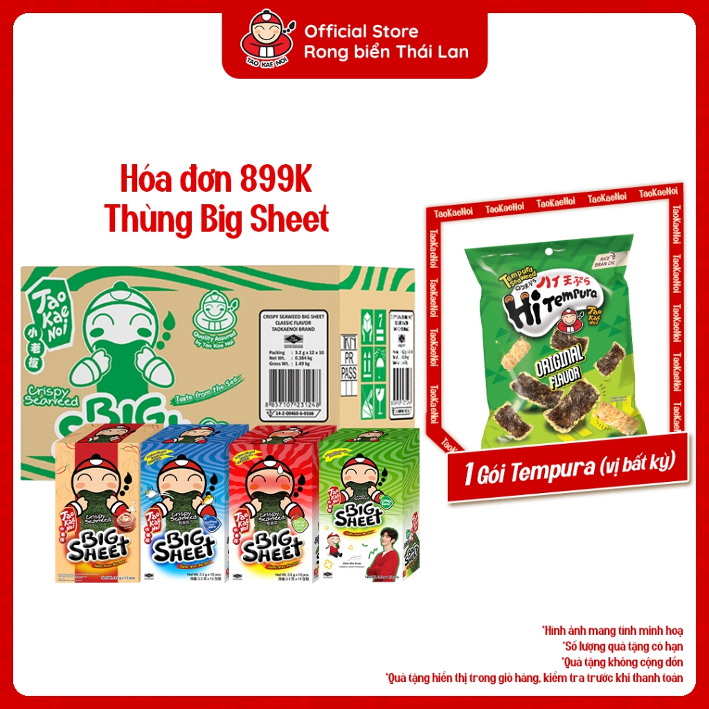 [ĐƠN 899K TẶNG 1 GÓI TEMPURA] Thùng 10 Hộp Snack Rong Biển BIG SHEET Taokaenoi Nhập Khẩu Thái Lan