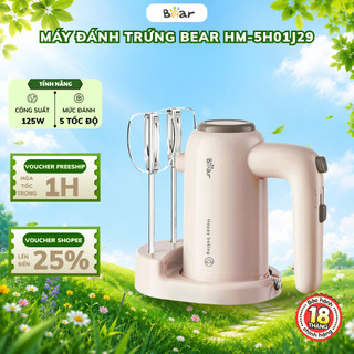 Máy đánh trứng cầm tay mini Bear HM-5H01J29, Công suất 125W, 5 Chế độ, Que inox 304, BH 18 Tháng