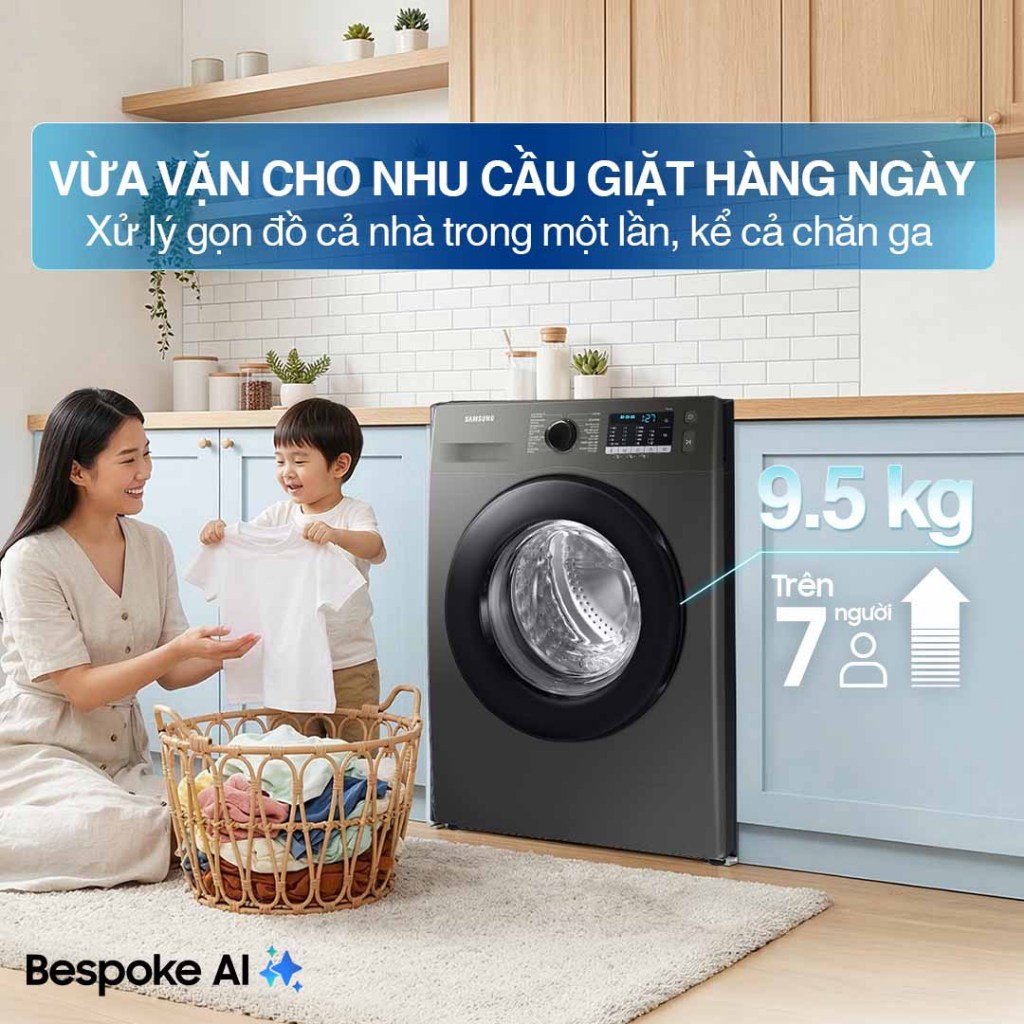 Máy Giặt Samsung Cửa Trước 9.5 kg WW95TA046AX/SV -  Giặt Hơi Nước Diệt Khuẩn, màu Inox