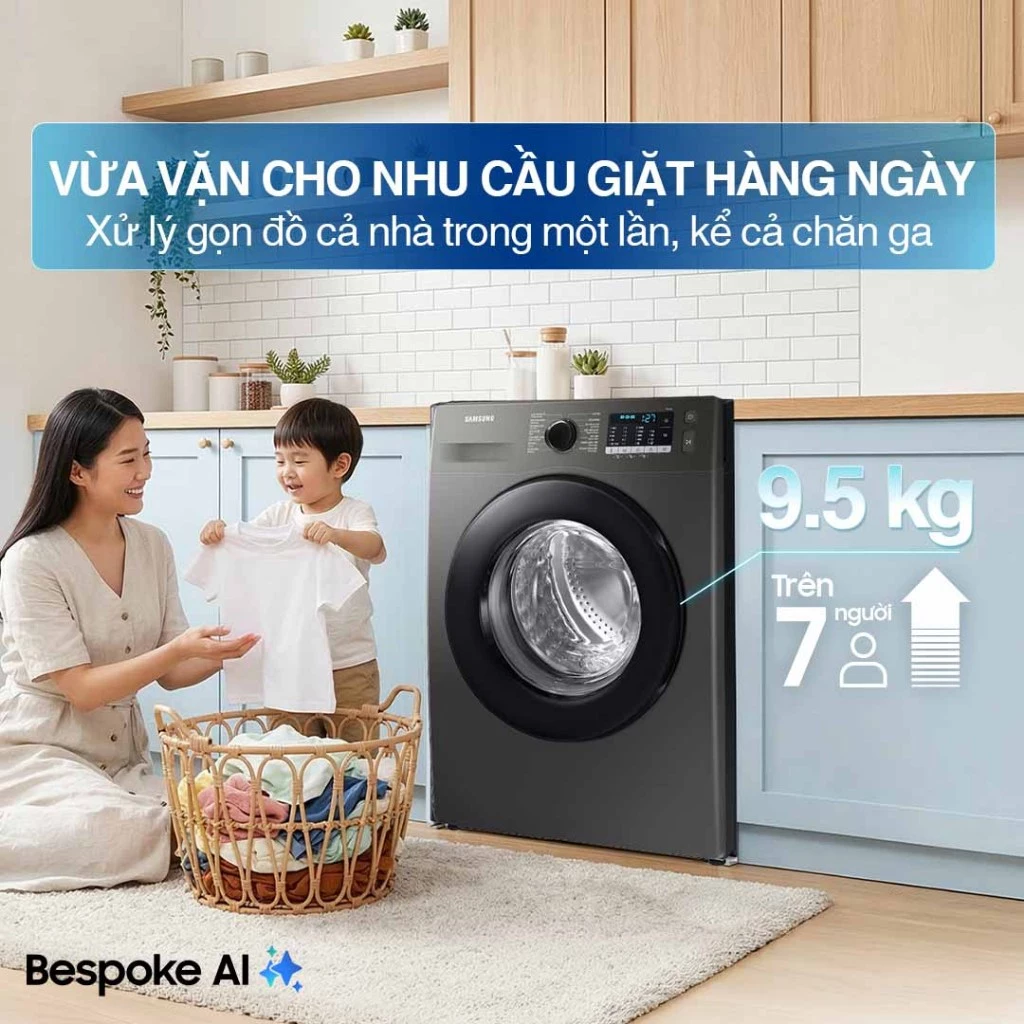 Máy Giặt Samsung Cửa Trước 9.5 kg WW95TA046AX/SV -  Giặt Hơi Nước Diệt Khuẩn, màu Inox