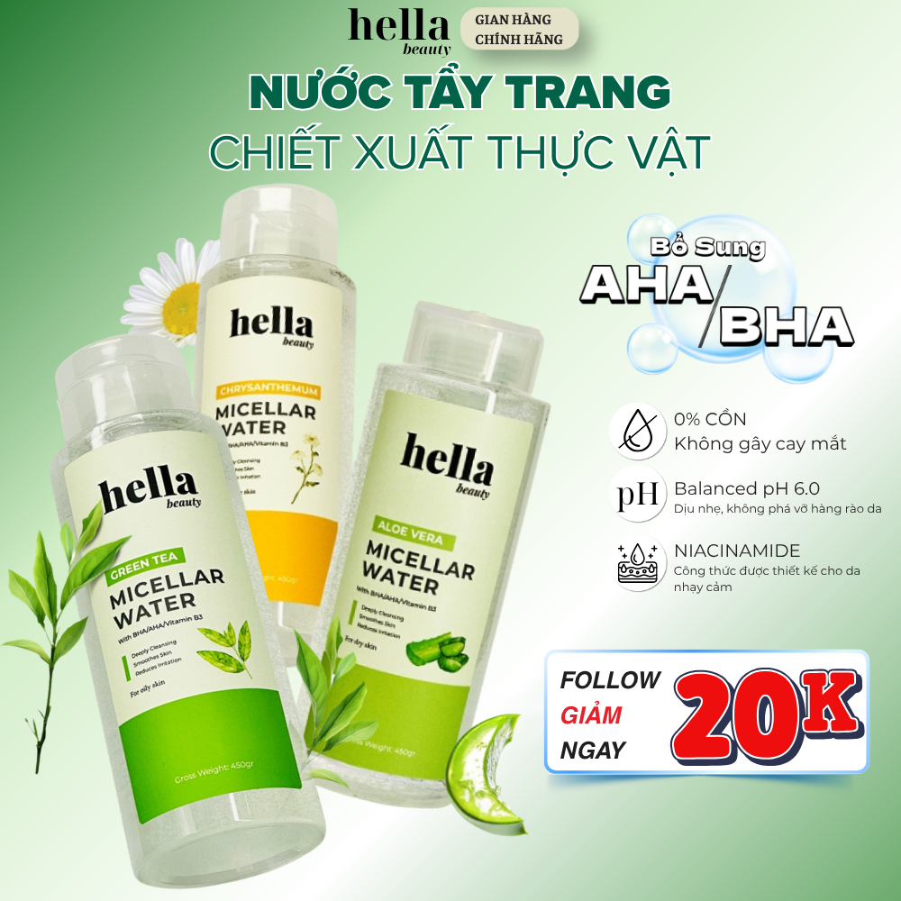 Nước tẩy trang Hella Beauty chiết xuất thực vật làm sạch sâu, dịu nhẹ cho mọi loại da 450g